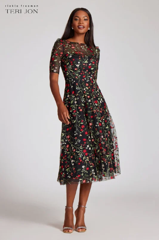 Embroidered dresses for womenFloral Embroidered Tulle Midi Dress