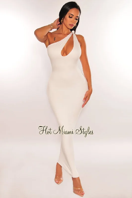 Evening gowns for formal eventsWhite One Shoulder Knotted Sleeveless Cut Out Midi Dress