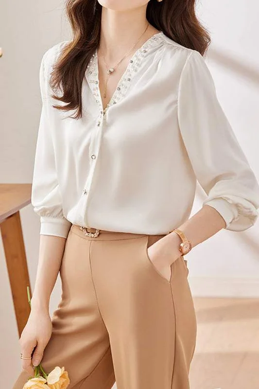 Tunic-style women's topsV-Neck Pearl Decor Gathered Blouse - 2 Colors Available