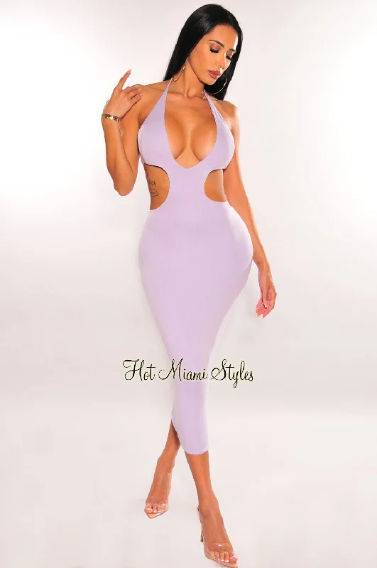 Layering dresses for versatile stylingLilac Halter V Neck Cut Out Open Back Midi Dress