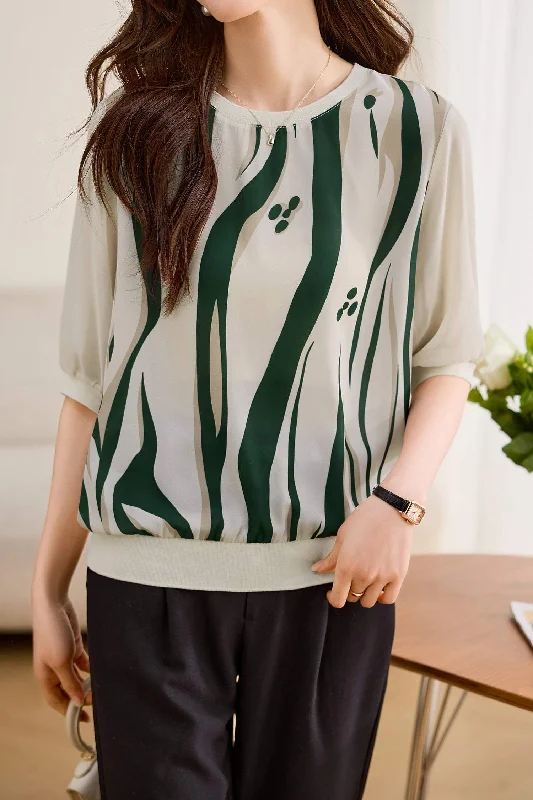 Shawl collar women's topsRound Neck Rib Hem Printed Puff T-Shirt