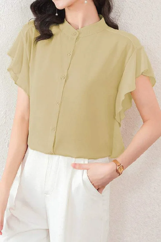 Sustainable women's topsBand Collar Flare Sleeve Simple Blouse - 2 Colors Available