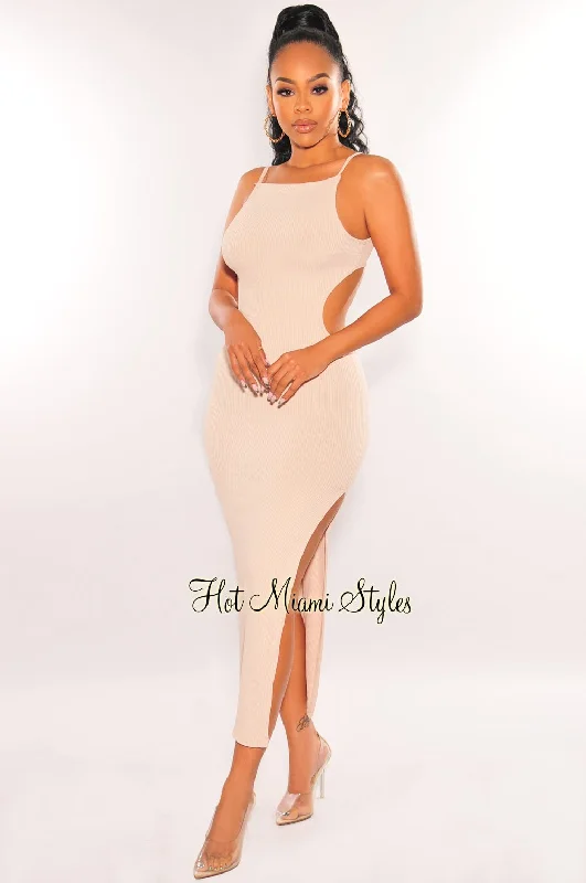 Custom-made dresses for personalized fitsNude Ribbed Spaghetti Strap Open Back Slit Midi Dress