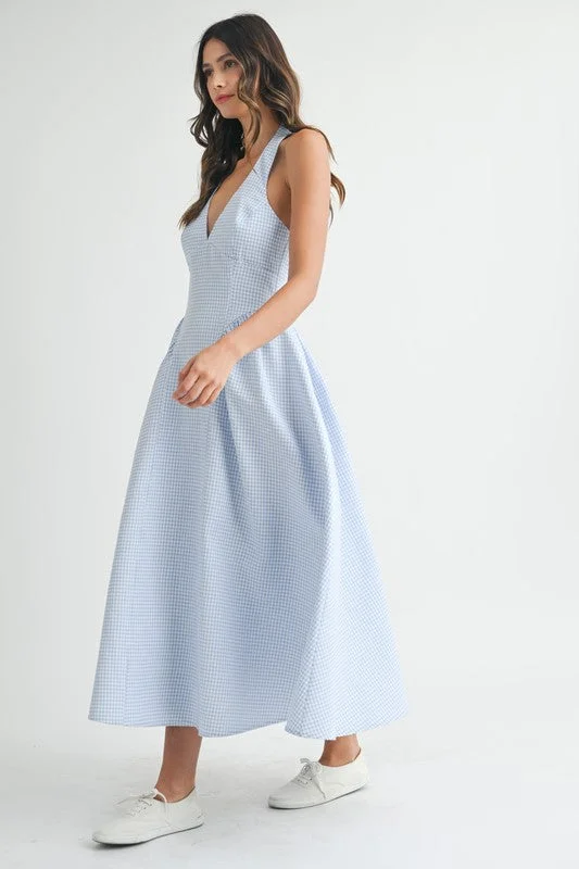Linen dresses for summerGigi Sleeveless Halter Gingham Print Midi Dress Blue