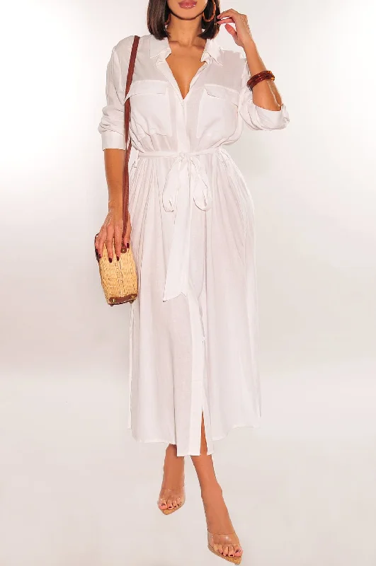 High-slit dresses for womenWhite Linen Mid Sleeve Collared Button Down Belted Dress