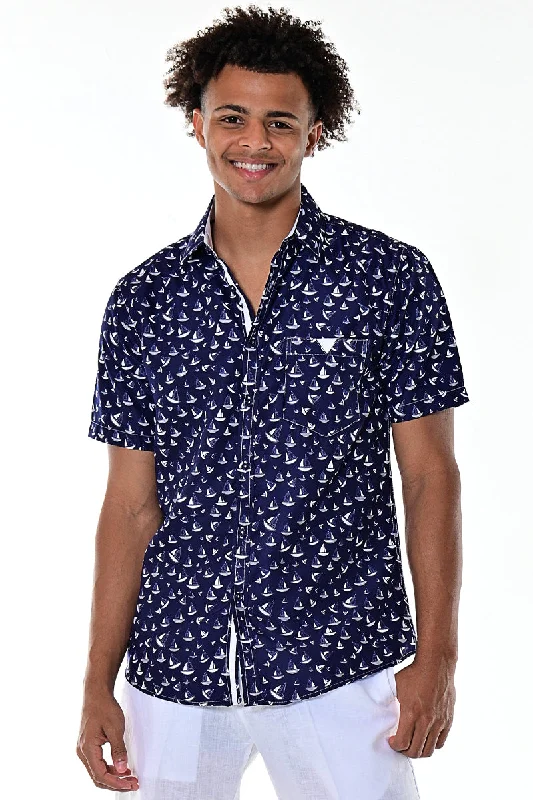 Bodycon women's topsBohio Men's Nautical Sailboat Print Short Sleeve Camp Shirt - Navy- MCS1625