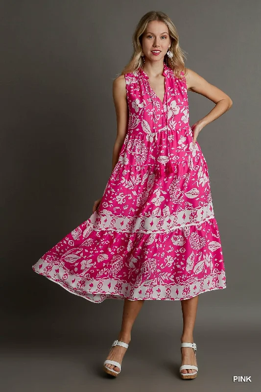 V-neck dresses for womenTwo Tone Floral Paisley Sleeveless Midi Dress
