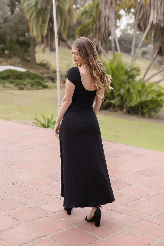 Women's casual dressesAliyah Short Cap Sleeve Stretch Linen Midi Dress Black