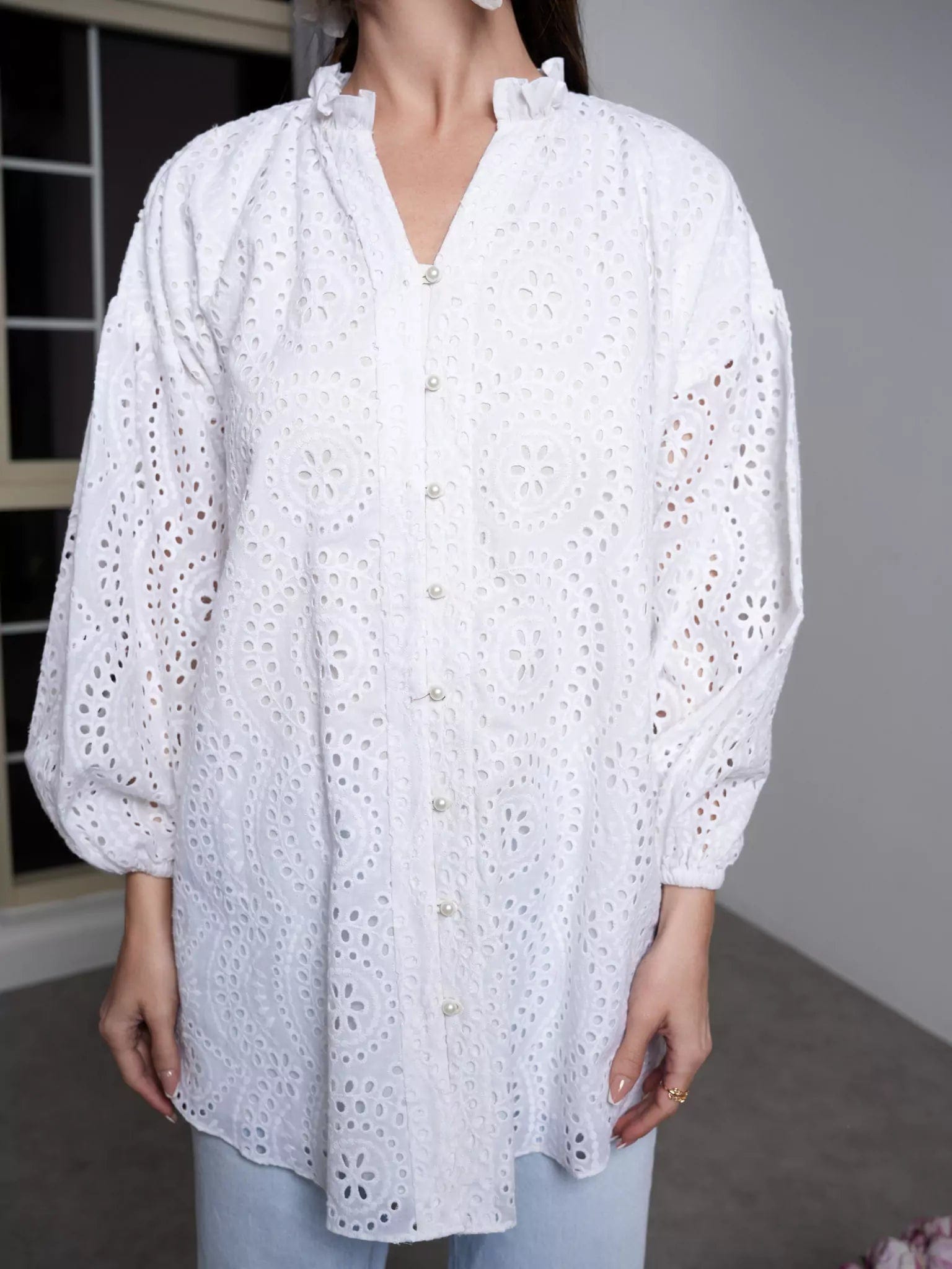 Embellished women's topsPecten White Cut Work Shirt