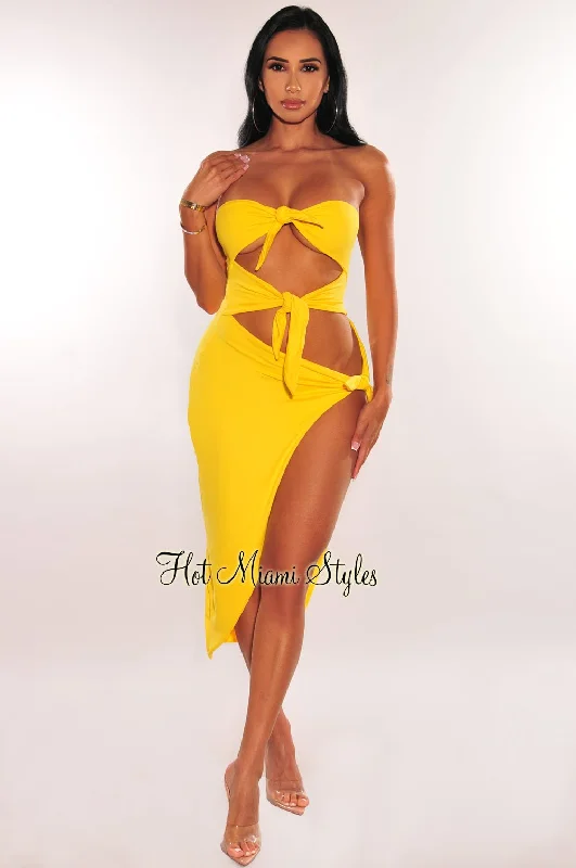 Synthetic dresses for budget-friendly optionsYellow Strapless Tie Up Cut Out Slit Midi Dress