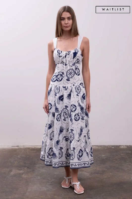 Mini dresses for womenWaitlist 4/5 ♥ Liz Sleeveless Sailor Print Tiered Midi Dress White