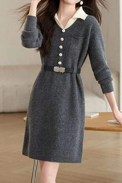 Lace dresses for womenTurn-down collar mid-length waist-cinched long-sleeved knitted dresses