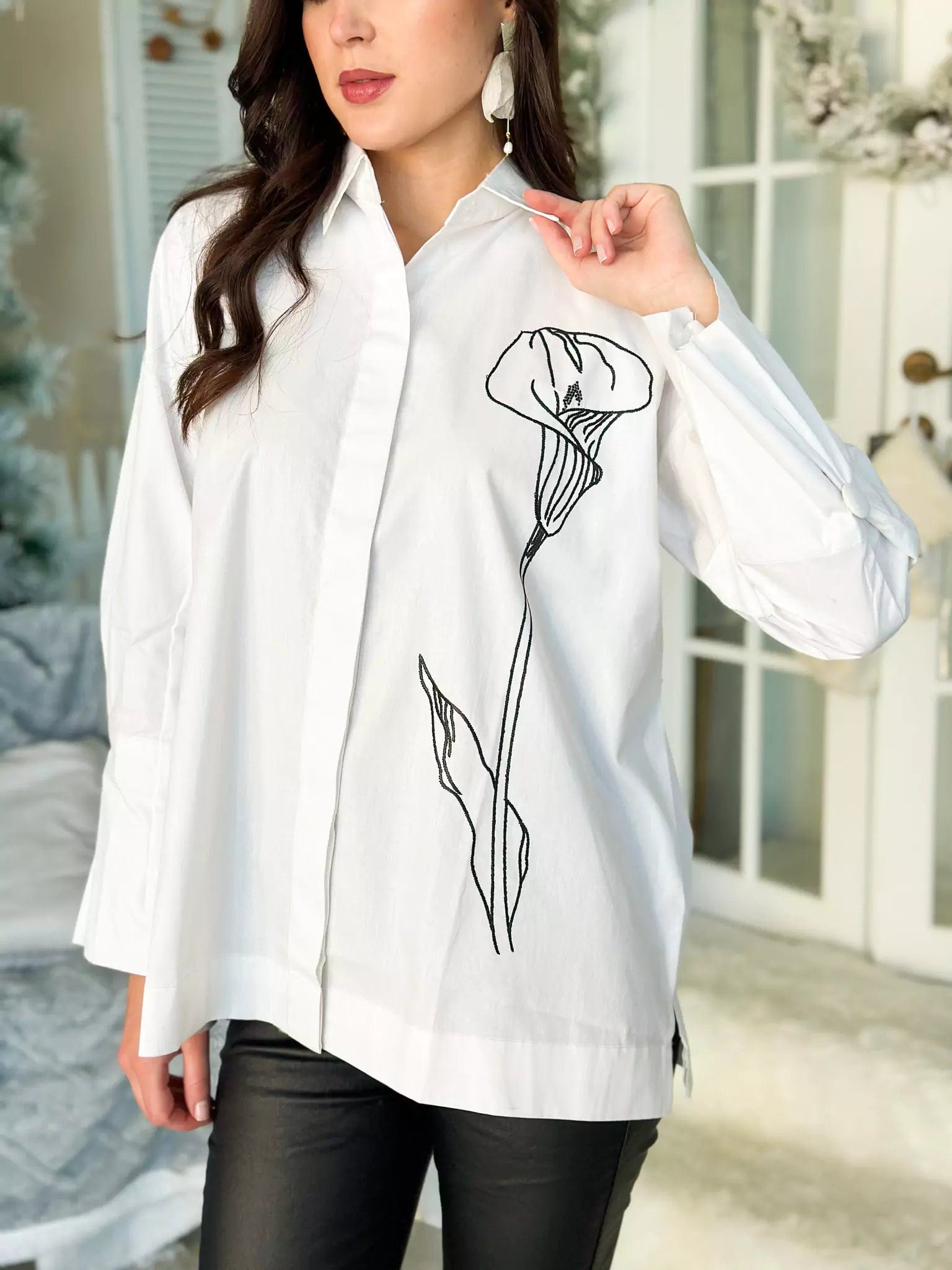 Burgundy women's topsCamellia Embroidered Oversized Shirt - White