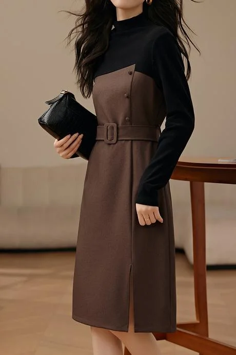 Satin dresses for womenElegant Midi-Length Long Sleeve Dress with Waist Belt