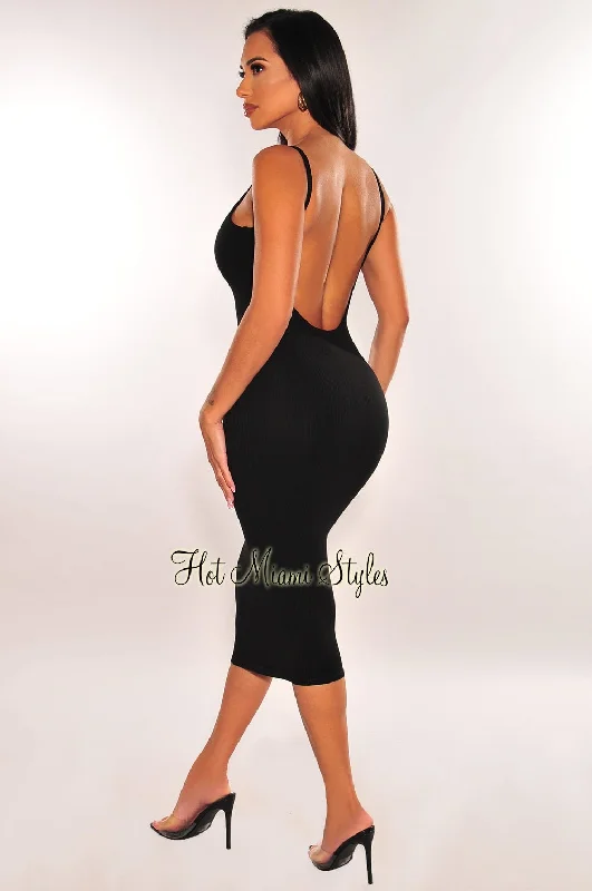 Workout dresses for active lifestylesBlack Ribbed Knit Spaghetti Straps Scoop Back Midi Dress