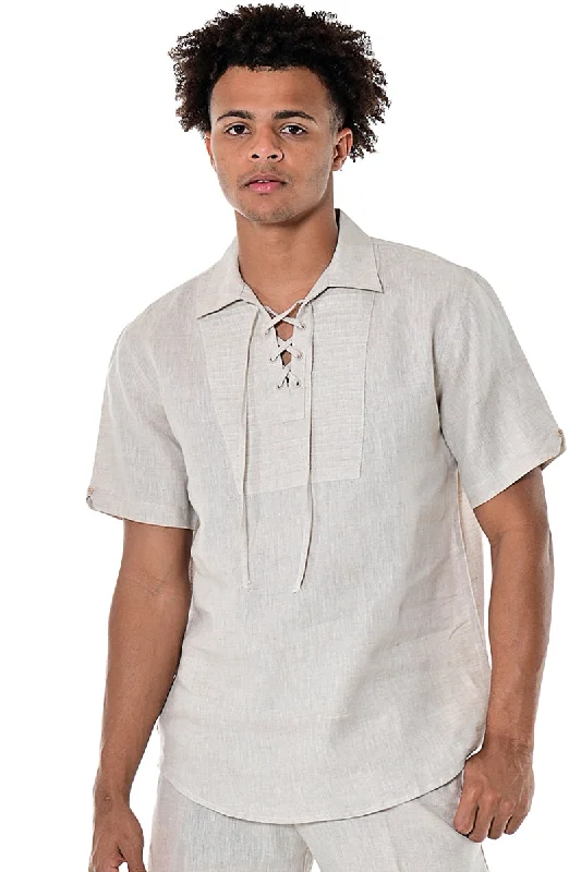 Sustainable women's topsBohio Men's Lace Up 100% Linen Short Sleeve Fashion Shirt -MLS1282