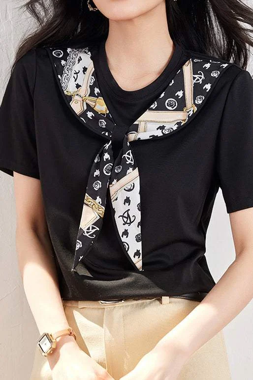Tall women's topsRound Neck Scarf Decor T-Shirt