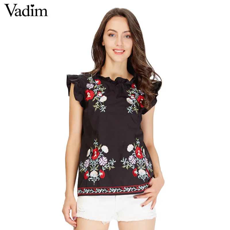 Mustard yellow women's topsVadim women sweet ruffles floral embroidery shirts