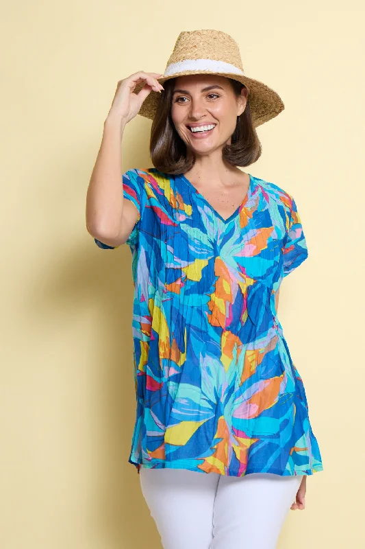V-neck women's topsKayla Cotton Short Sleeve Top - Bright Orange & Blue Leaves