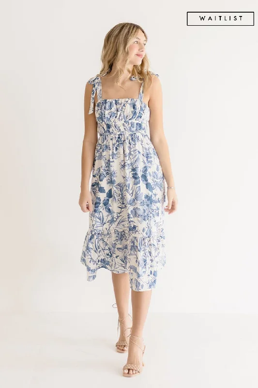 Bridesmaid dresses for womenWaitlist 4/23 ♥ Tiara Sleeveless Shoulder Tie Floral Print Midi Dress Blue