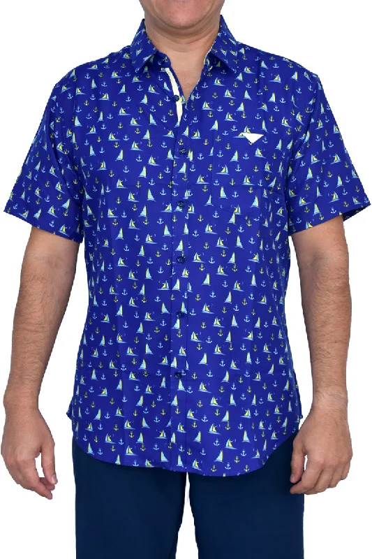 Fitted women's topsBohio Men's Short Sleeve Button Down Nautical Sailboat Print Shirt - Blue-MCS1626