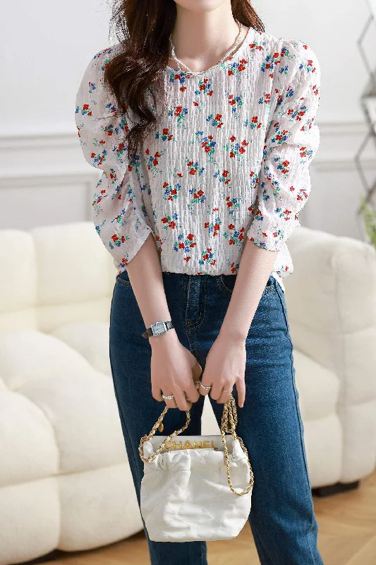 Metallic women's topsRound Neck Floral Gathered Sleeve Blouse