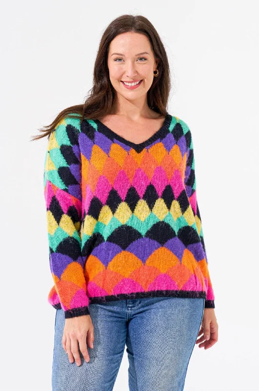 Zipper women's sweaterArgyle Knit Jumper - Black/Rainbow
