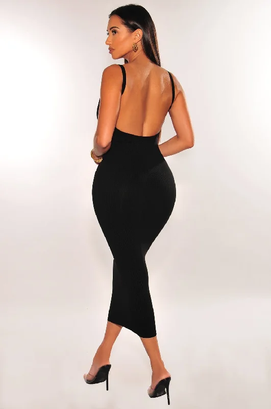 Beach dresses for casual outingsBlack Ribbed Spaghetti Strap Sleeveless Open Back Midi Dress