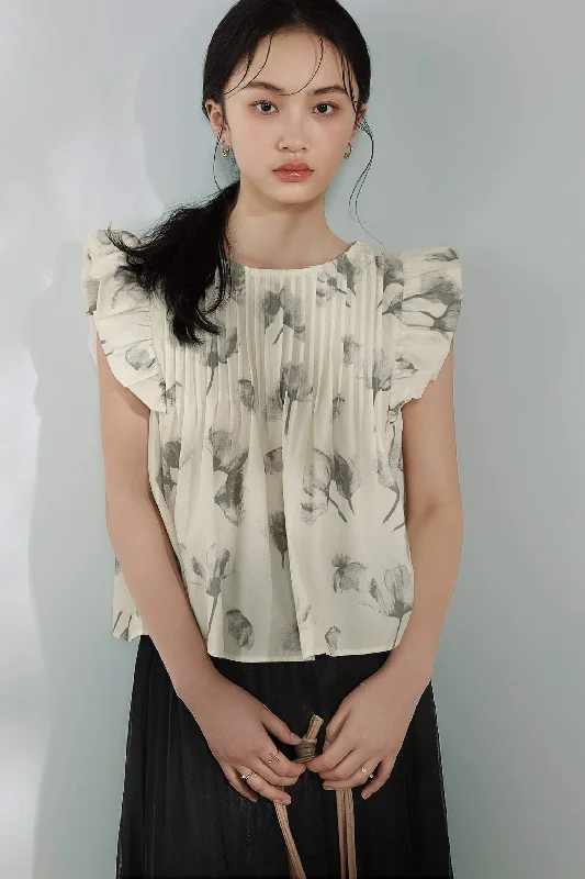 Coral women's topsFlower Print Flare Sleeve Pintuck Blouse