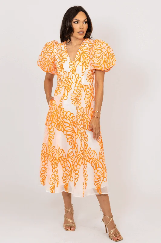 Little red dresses (LRDs) for womenEmbroidered Puff Sleeve Midi Dress