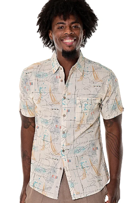 Statement women's topsMen's Linen Short Sleeve Nautical Print Shirt in Ivory by BOHIO-MLSP1194
