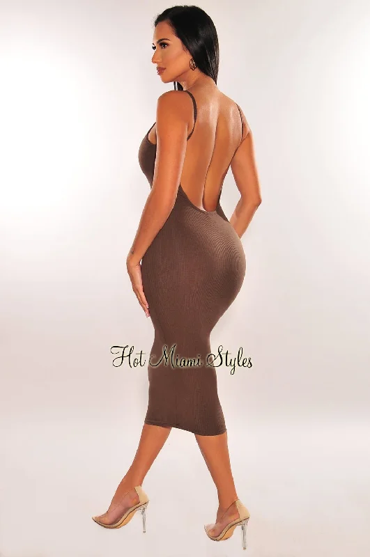 Winter dresses for cold weatherChocolate Ribbed Knit Spaghetti Straps Scoop Back Midi Dress