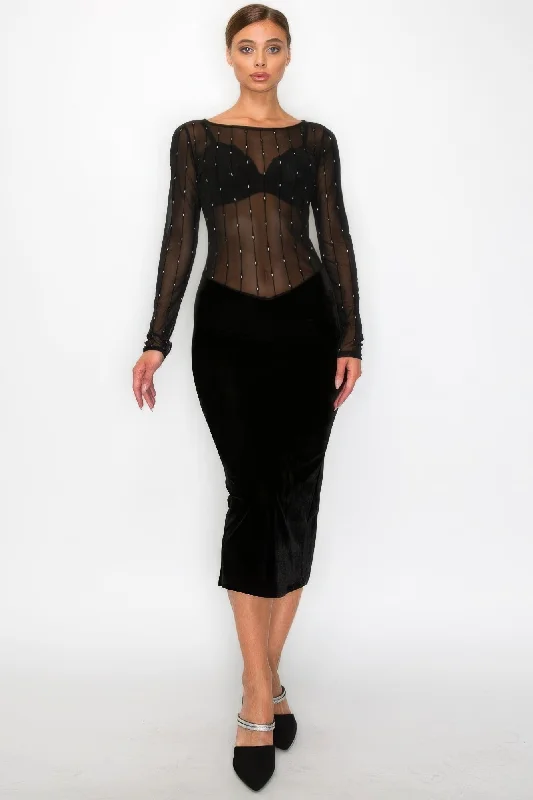 One-shoulder dresses for womenVelvet Sheer Contrast Holiday Midi Dress