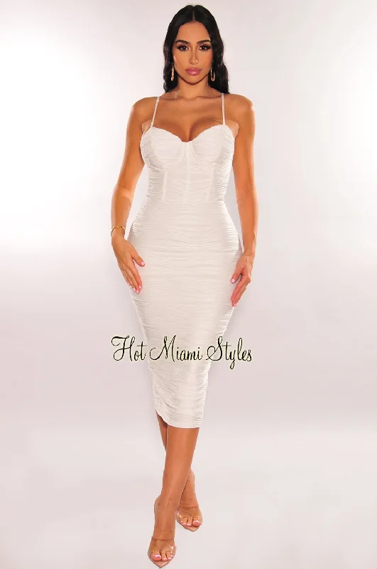 Cap sleeve dresses for womenWhite Textured Padded Faux Boned Spaghetti Strap Slit Midi Dress
