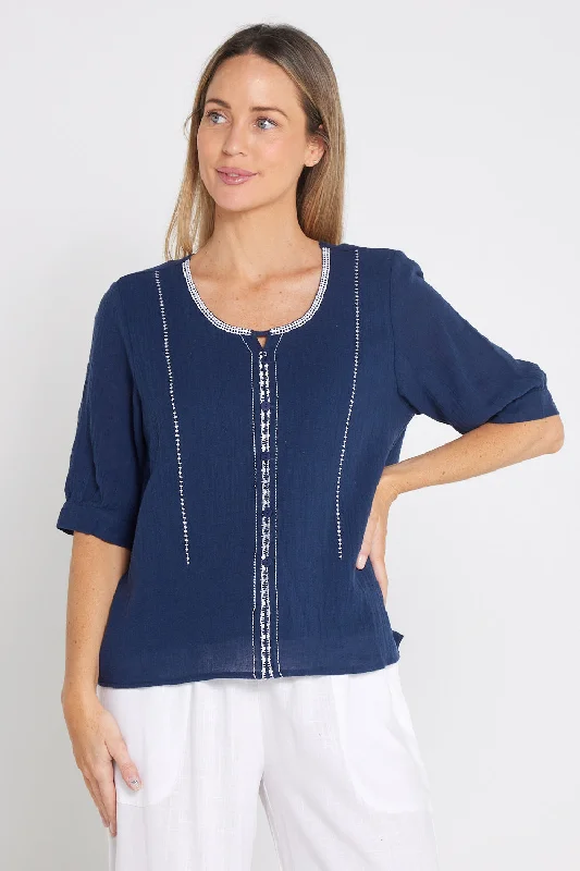 Navy blue women's topsMeagan Linen Blouse - Navy
