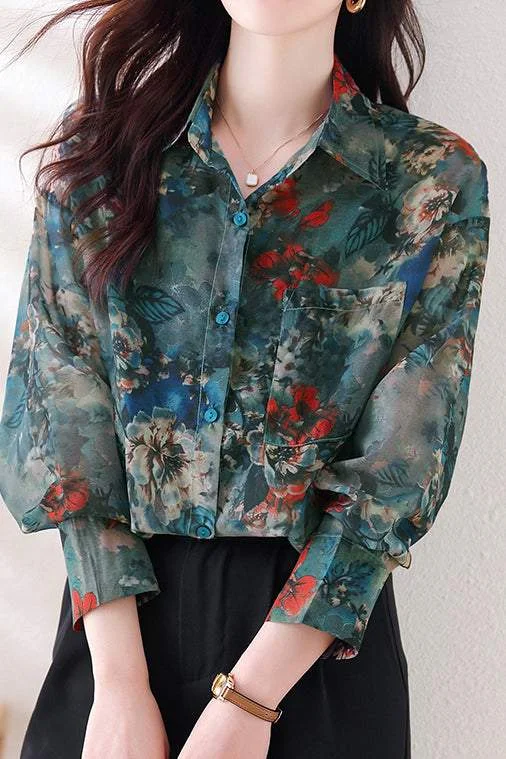 Olive green women's topsFloral Print Sun Protection Long Sleeve Shirt