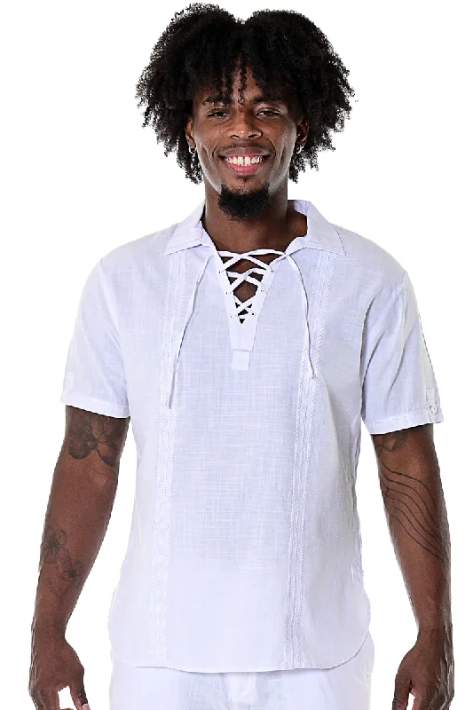 Elegant women's topsBohio Mens White Cotton Casual Beach Summer Drawstring Collar Short Sleeve Shirt in Color Gray - MCS1078