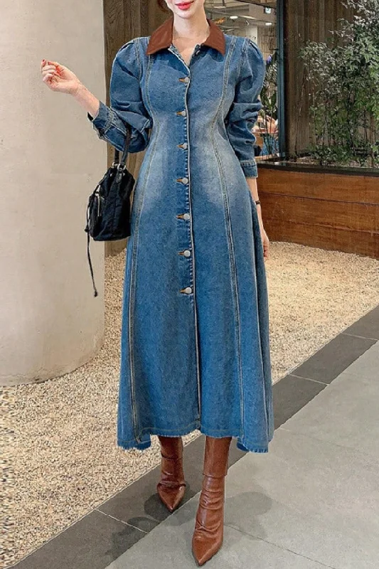 Linen dresses for summerPatchwork Gradient Denim Stylish Single Breasted Midi Dress