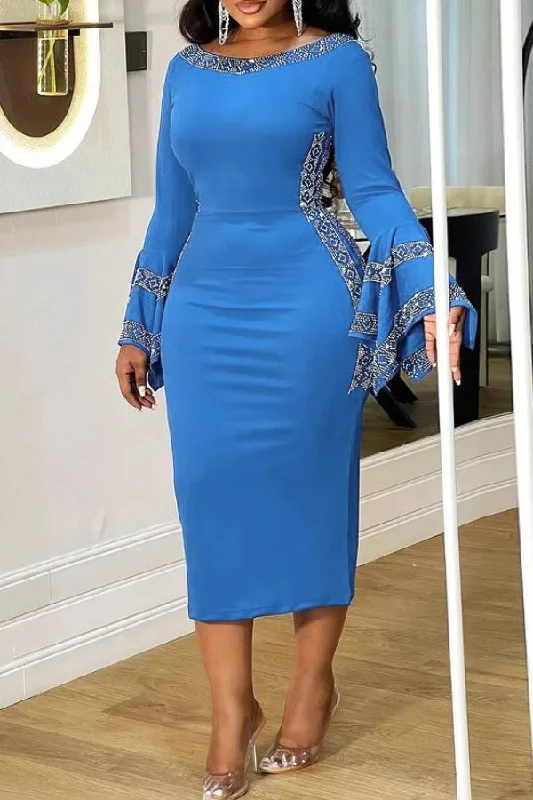 Dancewear dresses for performancesRhinestone Patchwork Stunning Bell Sleeve Midi Dress