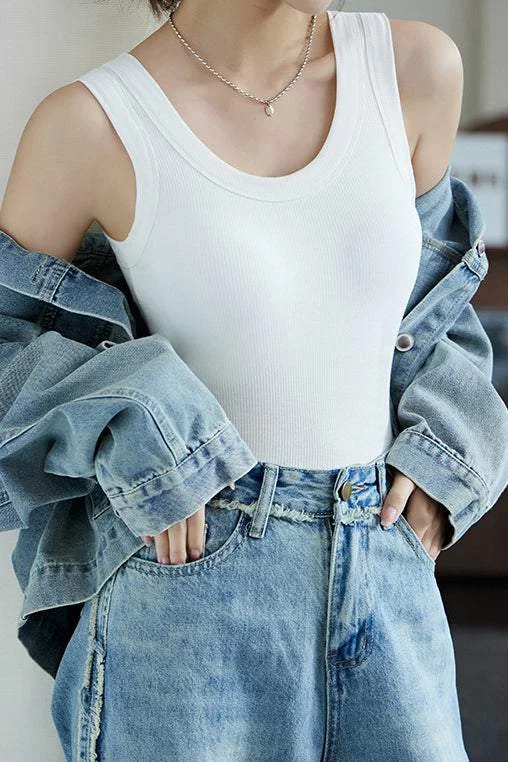 Peter Pan collar women's topsRound Neck Rib Hem Simple Vest - 4 Colors Available