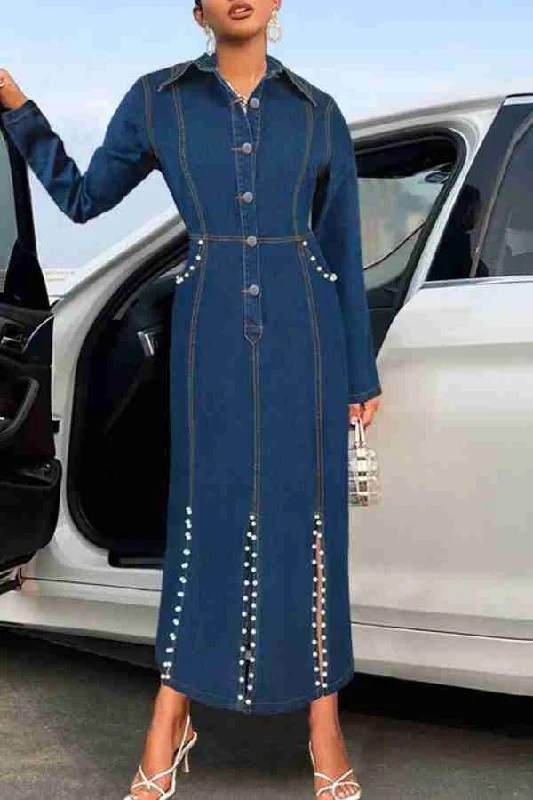 Batwing sleeve dresses for womenContrast-Stitch Denim On-trend Beaded Decor Slit Hem Midi Dress