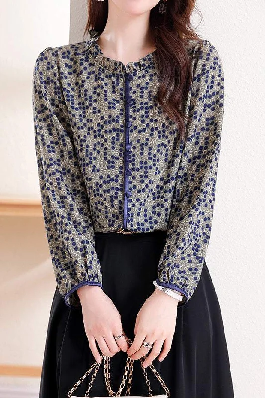 Scoop neck women's topsRuffle Collar Dot Pattern Blouse
