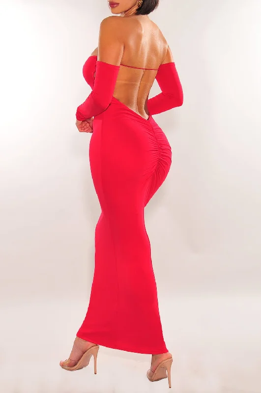 Peplum dresses for womenRed Off Shoulder Long Sleeve Scrunch Butt Open Back Midi Dress