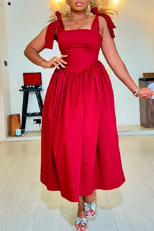 Corduroy dresses for womenSolid Color Tie Shoulder Playful A-Line Midi Dress