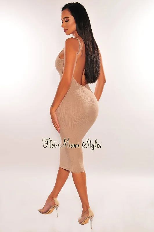 Summer dresses for hot weatherTaupe Ribbed Knit Spaghetti Straps Scoop Back Midi Dress