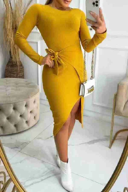 Flutter sleeve dresses for womenSolid Color Ribbed Urban Lace-Up Irregular Slit Midi Dress