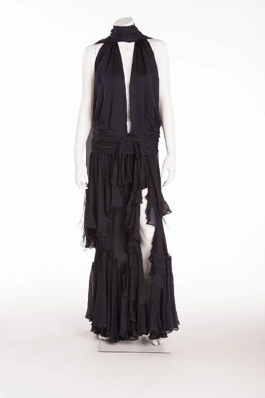 Short-sleeved dresses for womenRoberto Cavalli - Midnight Blue Long Gown with Ostrich Fringe Scarf - IT 42