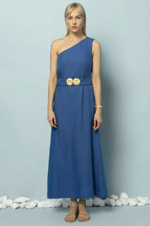 Spaghetti strap dresses for womenIno One Shoulder Linen Midi Dress W. Gold Buckles Greek Blue