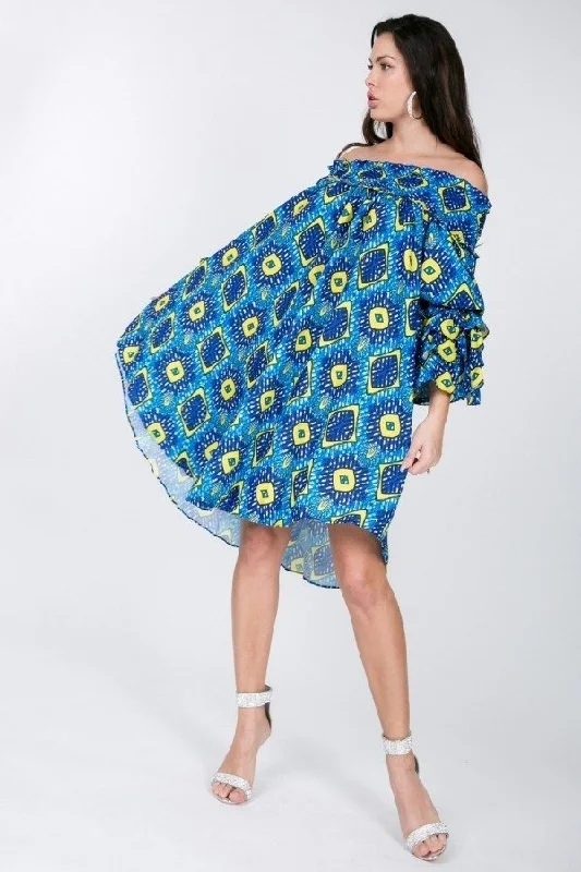 Flowy dresses for womenPuffy Ruffle Sleeve Smocking Off Shoulder Print Midi Dress
