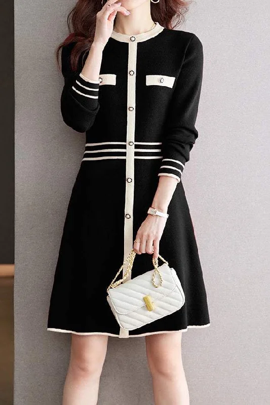 Silk dresses for womenColor-Blocked Mid-Length Knit Dress in Chanel Style